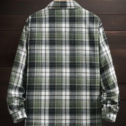 1pc Men'S Plus Size Casual Plaid Button-Down Long Sleeve Shirt with Pocket, Polyester Twill Weave, Regular Fit, Spring/Autumn Fashion