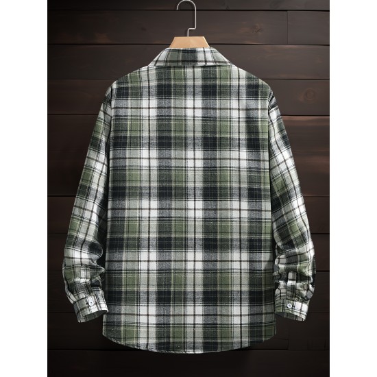 1pc Men'S Plus Size Casual Plaid Button-Down Long Sleeve Shirt with Pocket, Polyester Twill Weave, Regular Fit, Spring/Autumn Fashion