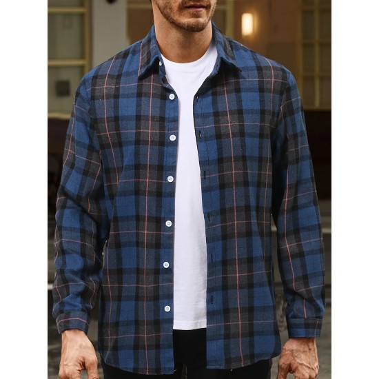 Plus Size Men's Plaid/Striped Shirt Spring Fall Winter Long Sleeve Shirt, Men's Clothing