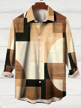 Vintage-Inspired Geometric Color Block 3D Print Men's Plus Size Button-Up Shirt with Pockets - Polyester, Machine Washable, PLUS SIZE