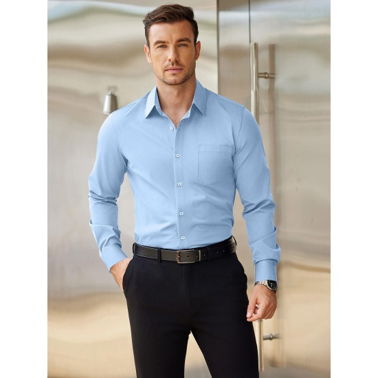 Men'S Plus Size Dress Shirts, Polyester Blend, Casual Work Style, Lapel Collar, Slight Stretch, Solid Color, Button-Down, Regular Fit, Woven, for All Seasons