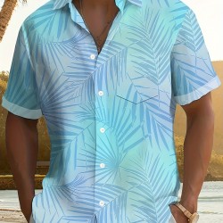 Plus Size Men's Vibrant Hawaiian Gradient Botanical Leaf Print Short Sleeve Relaxed Fit Shirt - Button Front, Functional Pocket, Breathable Fabric, Casual Vacation Style, Comfortable Wear