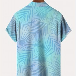 Plus Size Men's Vibrant Hawaiian Gradient Botanical Leaf Print Short Sleeve Relaxed Fit Shirt - Button Front, Functional Pocket, Breathable Fabric, Casual Vacation Style, Comfortable Wear