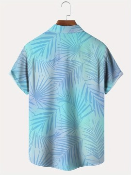 Plus Size Men's Vibrant Hawaiian Gradient Botanical Leaf Print Short Sleeve Relaxed Fit Shirt - Button Front, Functional Pocket, Breathable Fabric, Casual Vacation Style, Comfortable Wear