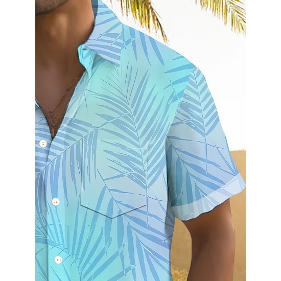 Plus Size Men's Vibrant Hawaiian Gradient Botanical Leaf Print Short Sleeve Relaxed Fit Shirt - Button Front, Functional Pocket, Breathable Fabric, Casual Vacation Style, Comfortable Wear