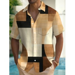 Men's Vintage Geometric Color Block 3D Print Button-Up Shirt with Pocket - Breathable Polyester, Summer Fashion, PLUS SIZE