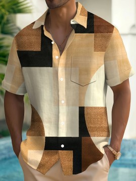 Men's Vintage Geometric Color Block 3D Print Button-Up Shirt with Pocket - Breathable Polyester, Summer Fashion, PLUS SIZE