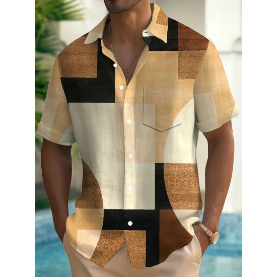 Men's Vintage Geometric Color Block 3D Print Button-Up Shirt with Pocket - Breathable Polyester, Summer Fashion, PLUS SIZE