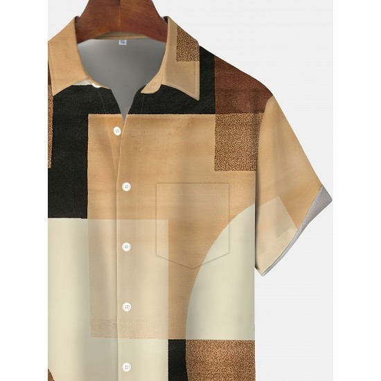 Men's Vintage Geometric Color Block 3D Print Button-Up Shirt with Pocket - Breathable Polyester, Summer Fashion, PLUS SIZE