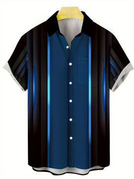 Plus Size Men's Trendy Stripe Print Short Sleeve Button Up Lapel Shirt For Summer Daily, Perfect For Holiday Resort Dress, Stylish Collared Top