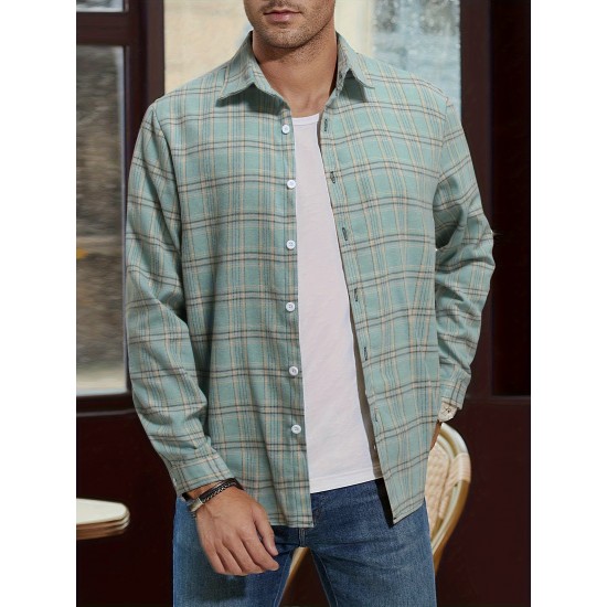 Plus Size Men's Stripes/Plaid Print Shirt Oversized Long Sleeve Shirt For Fall Winter, Men's Clothing