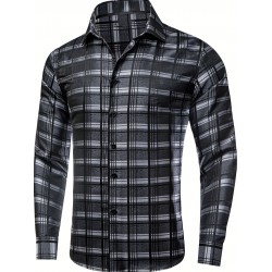 Plus Size Formal Men'S Dress Black Grey Checks Plaids Button Up Dress Shirt, Mature Elegant Top For Wedding/business/dating