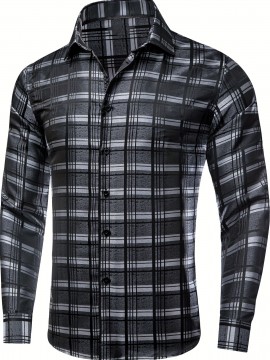 Plus Size Formal Men'S Dress Black Grey Checks Plaids Button Up Dress Shirt, Mature Elegant Top For Wedding/business/dating