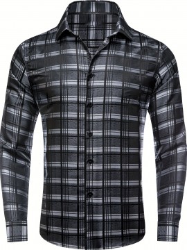 Plus Size Formal Men'S Dress Black Grey Checks Plaids Button Up Dress Shirt, Mature Elegant Top For Wedding/business/dating