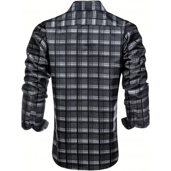 Plus Size Formal Men'S Dress Black Grey Checks Plaids Button Up Dress Shirt, Mature Elegant Top For Wedding/business/dating