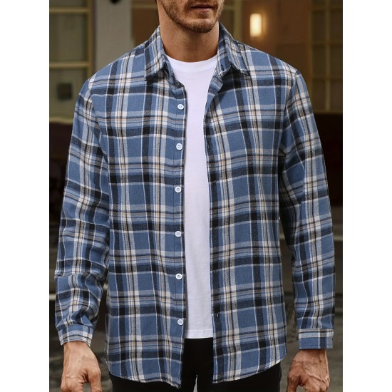 Plus Size Men's Plaid Shirt Oversized Long Sleeve Shirt For Fall Winter, Men's Clothing