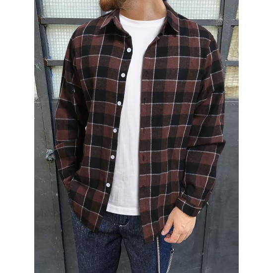 Plus Size Men's Plaid Shirt Oversized Long Sleeve Shirt For Fall Winter, Men's Clothing