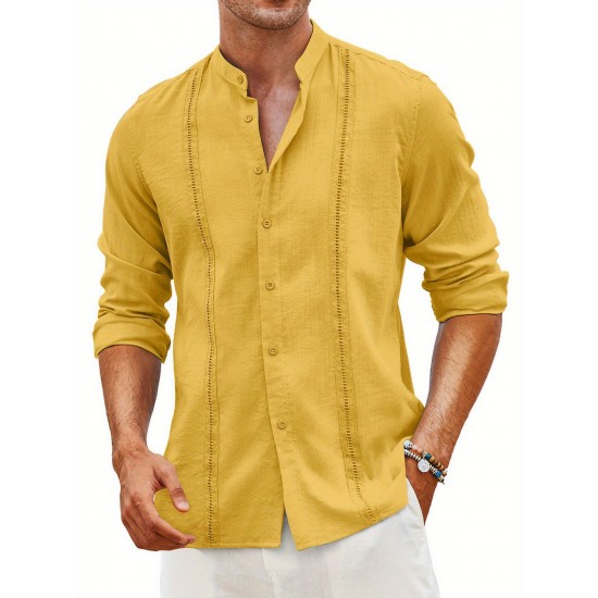 1pc Men'S Casual Crew Neck Long Sleeve Button Down Shirt - Solid Color Rayon/Viscose Blend, Non-Stretch Fabric, Woven Cuban Guayabera Beach Shirt for Spring/Fall, Plus Size