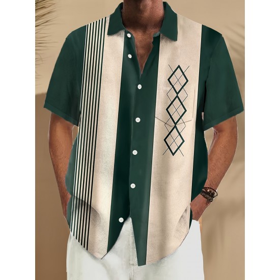 Plus Size Retro Bowling Geometric Graphic Print Short Sleeve Buttons Pocket Men's Shirt