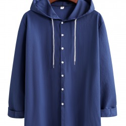 Men's Casual Hooded Shirt - Polyester, Button-Up, Solid Color, Perfect for Spring/Fall, PLUS SIZE