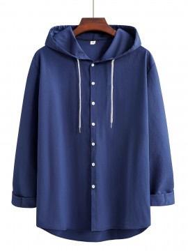 Men's Casual Hooded Shirt - Polyester, Button-Up, Solid Color, Perfect for Spring/Fall, PLUS SIZE