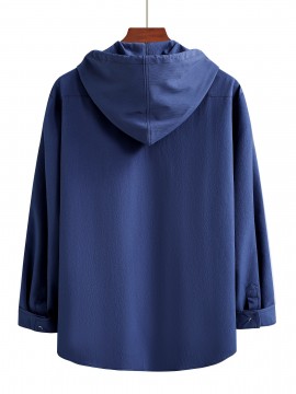 Men's Casual Hooded Shirt - Polyester, Button-Up, Solid Color, Perfect for Spring/Fall, PLUS SIZE