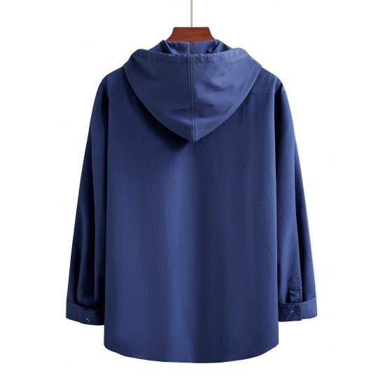 Men's Casual Hooded Shirt - Polyester, Button-Up, Solid Color, Perfect for Spring/Fall, PLUS SIZE