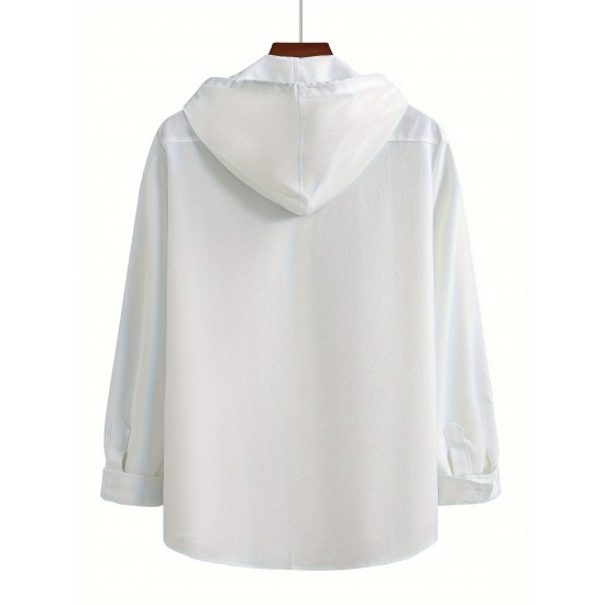 Men's Casual Hooded Shirt - Polyester, Button-Up, Solid Color, Perfect for Spring/Fall, PLUS SIZE