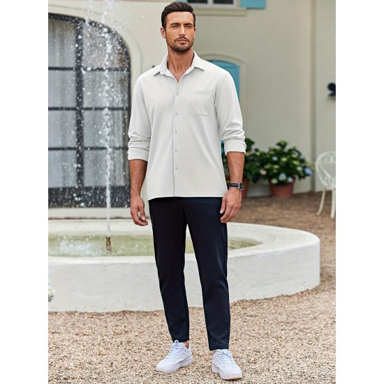 Men'S Long Sleeve Casual Button-Down Shirt - Solid Color, Non-Stretch Knit Fabric, Regular Fit, Wrinkle Free Polyester Shirt for Adult Men - Spring/Fall Basics with Button Details, Plus Size