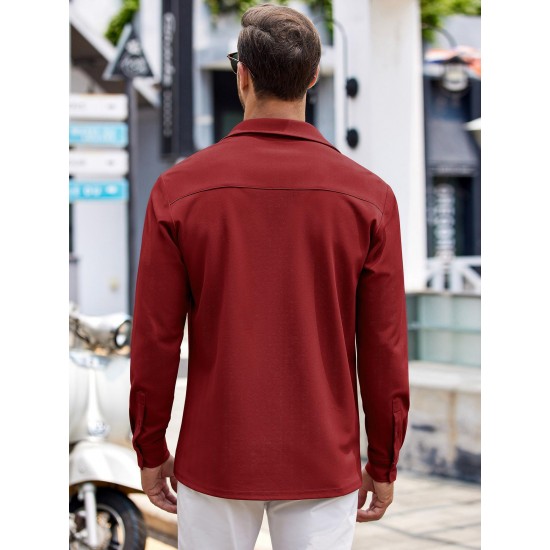 Men'S Long Sleeve Casual Button-Down Shirt - Solid Color, Non-Stretch Knit Fabric, Regular Fit, Wrinkle Free Polyester Shirt for Adult Men - Spring/Fall Basics with Button Details, Plus Size