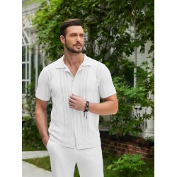 1pc Men'S Casual Knit Polo Shirt - Polyester Short Sleeve Lapel Collar, Slight Stretch Solid Color, Button Down Beach Top for Spring/Summer/Fall, Plus Size