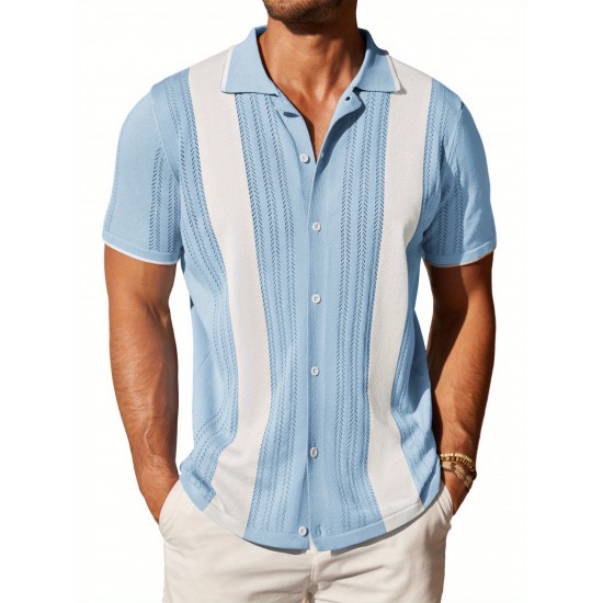 1pc Men'S Casual Knit Polo Shirt - Polyester Short Sleeve Lapel Collar, Slight Stretch Solid Color, Button Down Beach Top for Spring/Summer/Fall, Plus Size