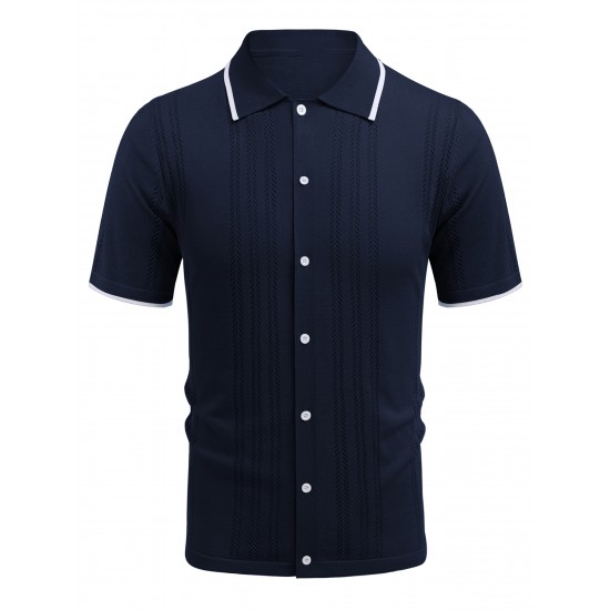 1pc Men'S Casual Knit Polo Shirt - Polyester Short Sleeve Lapel Collar, Slight Stretch Solid Color, Button Down Beach Top for Spring/Summer/Fall, Plus Size