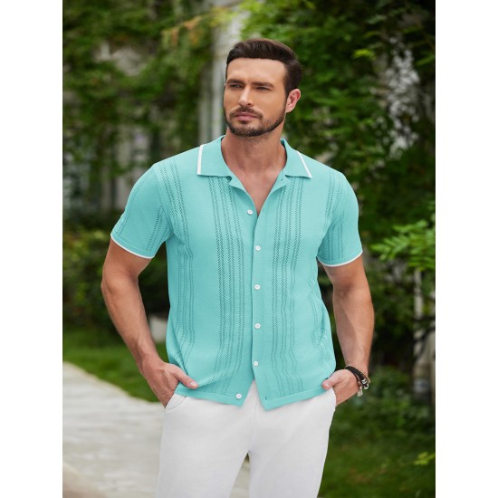 1pc Men'S Casual Knit Polo Shirt - Polyester Short Sleeve Lapel Collar, Slight Stretch Solid Color, Button Down Beach Top for Spring/Summer/Fall, Plus Size