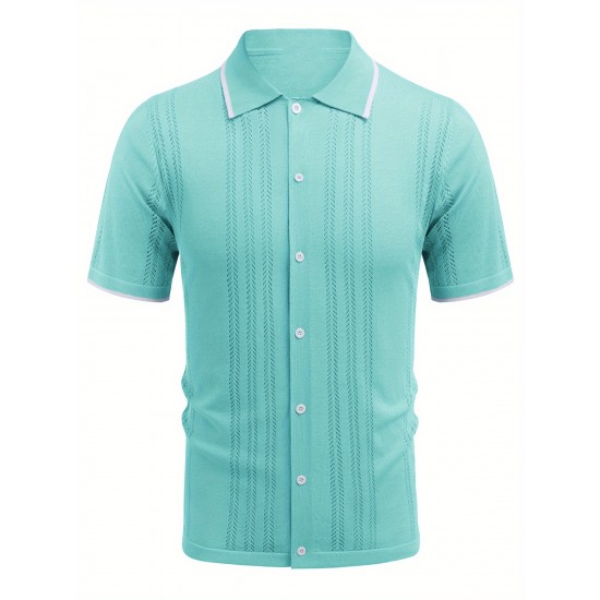 1pc Men'S Casual Knit Polo Shirt - Polyester Short Sleeve Lapel Collar, Slight Stretch Solid Color, Button Down Beach Top for Spring/Summer/Fall, Plus Size