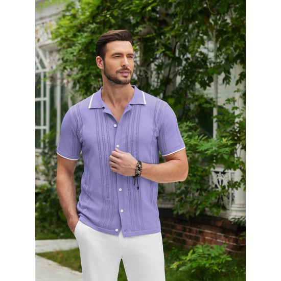 1pc Men'S Casual Knit Polo Shirt - Polyester Short Sleeve Lapel Collar, Slight Stretch Solid Color, Button Down Beach Top for Spring/Summer/Fall, Plus Size