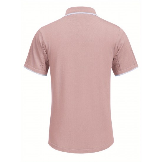 1pc Men'S Casual Knit Polo Shirt - Polyester Short Sleeve Lapel Collar, Slight Stretch Solid Color, Button Down Beach Top for Spring/Summer/Fall, Plus Size