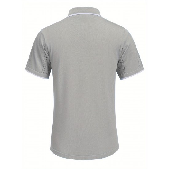 1pc Men'S Casual Knit Polo Shirt - Polyester Short Sleeve Lapel Collar, Slight Stretch Solid Color, Button Down Beach Top for Spring/Summer/Fall, Plus Size