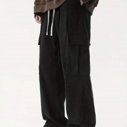 Men's Casual Cargo Pants with Drawstring Waist - Stretch Corduroy, Flap Pockets for Outdoor & Work