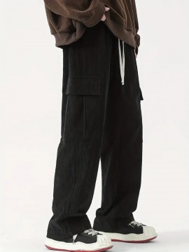 Men's Casual Cargo Pants with Drawstring Waist - Stretch Corduroy, Flap Pockets for Outdoor & Work