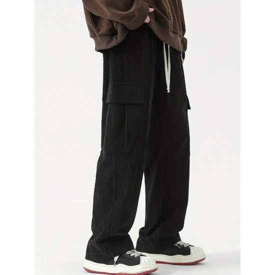 Men's Casual Cargo Pants with Drawstring Waist - Stretch Corduroy, Flap Pockets for Outdoor & Work