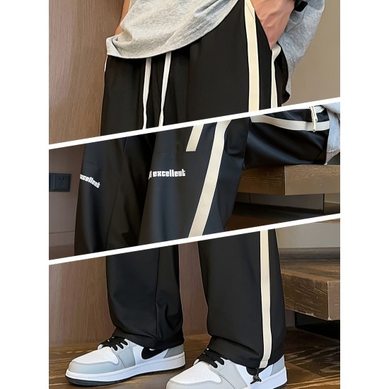 Men's Ice Silk Cool Quality Casual Pants With Elastic Waist, Trendy Versatile Striped Trousers