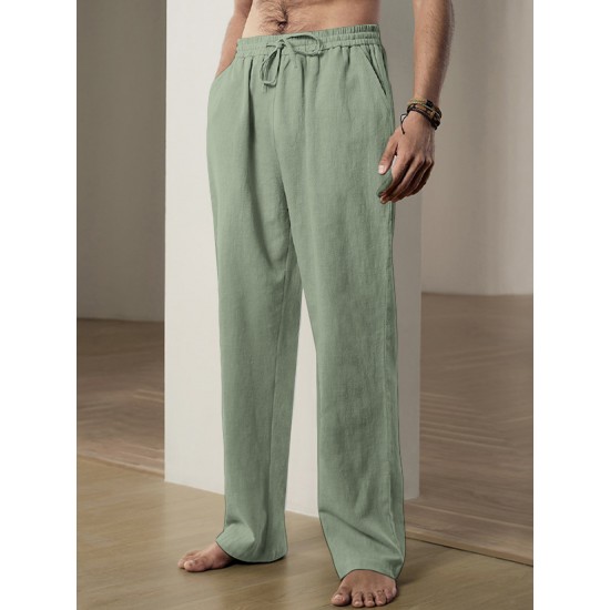 Men'S Casual Linen-Style Pants, Polyester, Loose Fit, Solid Color, Slight Stretch, with Drawstring Waist, for All-Season Weekend Casual Wear