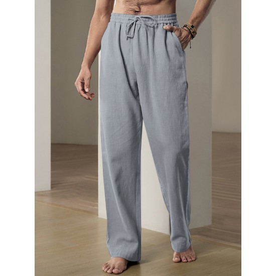 Men'S Casual Linen-Style Pants, Polyester, Loose Fit, Solid Color, Slight Stretch, with Drawstring Waist, for All-Season Weekend Casual Wear