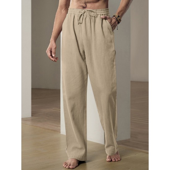 Men'S Casual Linen-Style Pants, Polyester, Loose Fit, Solid Color, Slight Stretch, with Drawstring Waist, for All-Season Weekend Casual Wear