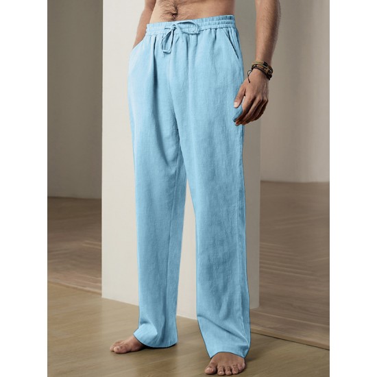 Men'S Casual Linen-Style Pants, Polyester, Loose Fit, Solid Color, Slight Stretch, with Drawstring Waist, for All-Season Weekend Casual Wear