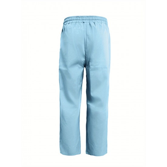 Men'S Casual Linen-Style Pants, Polyester, Loose Fit, Solid Color, Slight Stretch, with Drawstring Waist, for All-Season Weekend Casual Wear