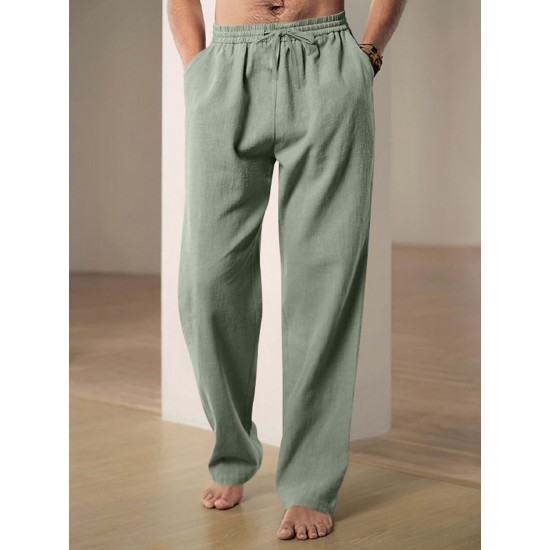 Men'S Casual Linen-Style Pants, Polyester, Loose Fit, Solid Color, Slight Stretch, with Drawstring Waist, for All-Season Weekend Casual Wear