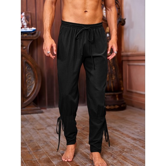 Men's Viking Renaissance-Inspired Casual Pants with Drawstring Waist and Tapered Legs - Solid Color, Polyester, Machine Washable