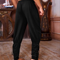 Men's Viking Renaissance-Inspired Casual Pants with Drawstring Waist and Tapered Legs - Solid Color, Polyester, Machine Washable